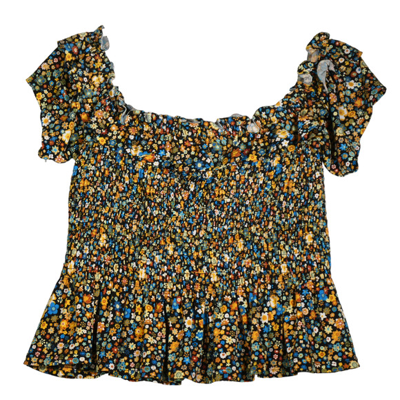 BCBGeneration Blouse Women Large Black Floral Smocked Ruffles Cropped Boho - Picture 1 of 7